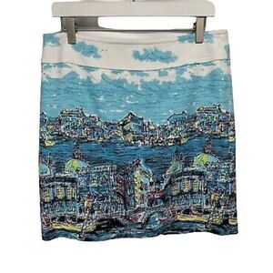 Novelty Print Skirt‎ - Coastal Italian Architecture - Blue & White